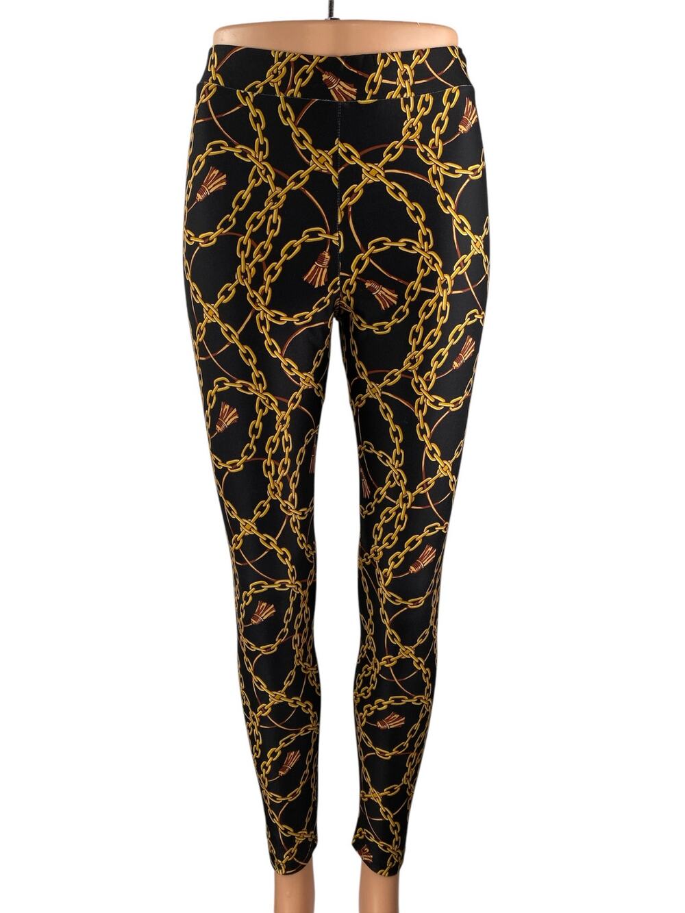 Zara Women's Black Gold Chain Print High Waisted Casual Leggings Pants Size S
